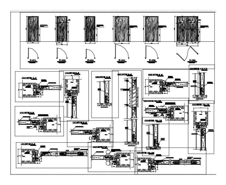 plano de detalhes de construção de portas de madeira