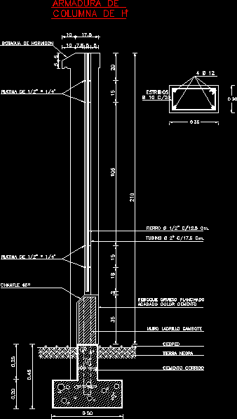 Particolare costruttivo dell'armatura del pilastro in cemento armato