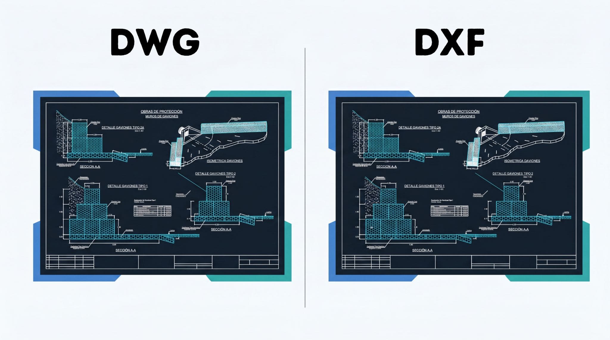 DWG vs DXF: qué los diferencia (y cuándo usar cada uno) 1 Comparación visual entre un archivo DWG y un archivo DXF del mismo plano CAD