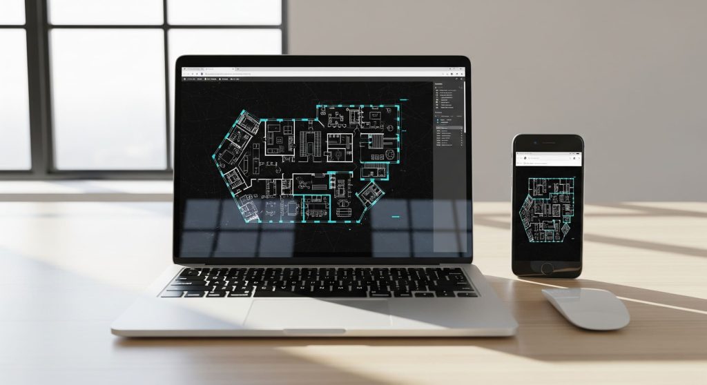 El mismo plano DWG abierto en una laptop y un celular mediante un enlace compartido