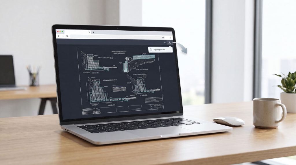 DWG vs DXF: qué los diferencia (y cuándo usar cada uno) 3 Exportando un plano DWG a DXF desde un visor CAD online en el navegador
