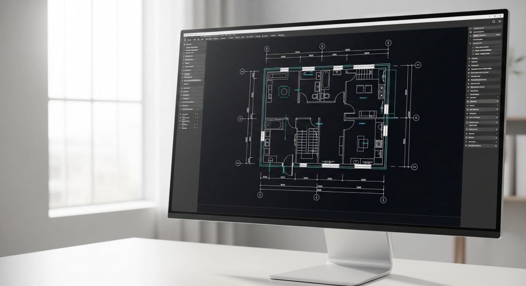 DWG vs DXF: qué los diferencia (y cuándo usar cada uno) 2 Plano CAD detallado en pantalla, el mismo dibujo que guardan los formatos DWG y DXF