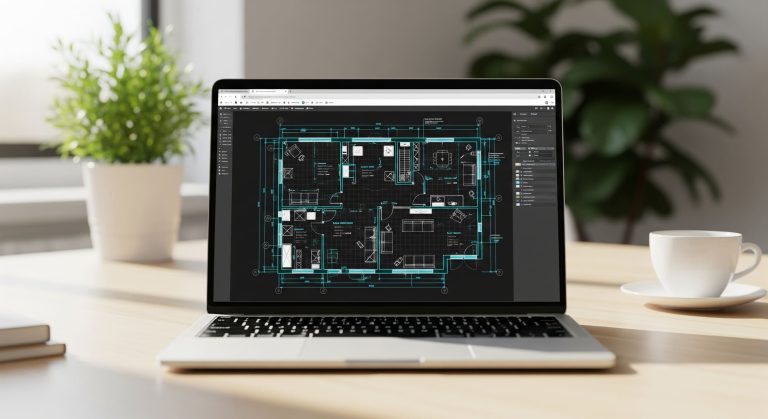 DWG drawing opened in an online CAD viewer on a laptop browser, without AutoCAD