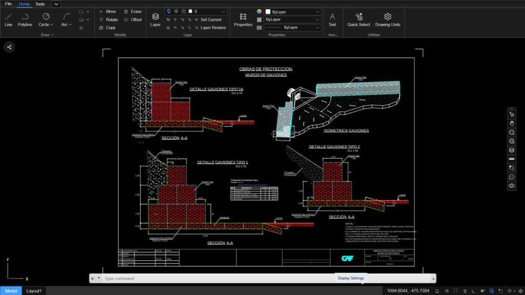 Visor CAD online mostrando un plano con herramientas de zoom, capas y medición