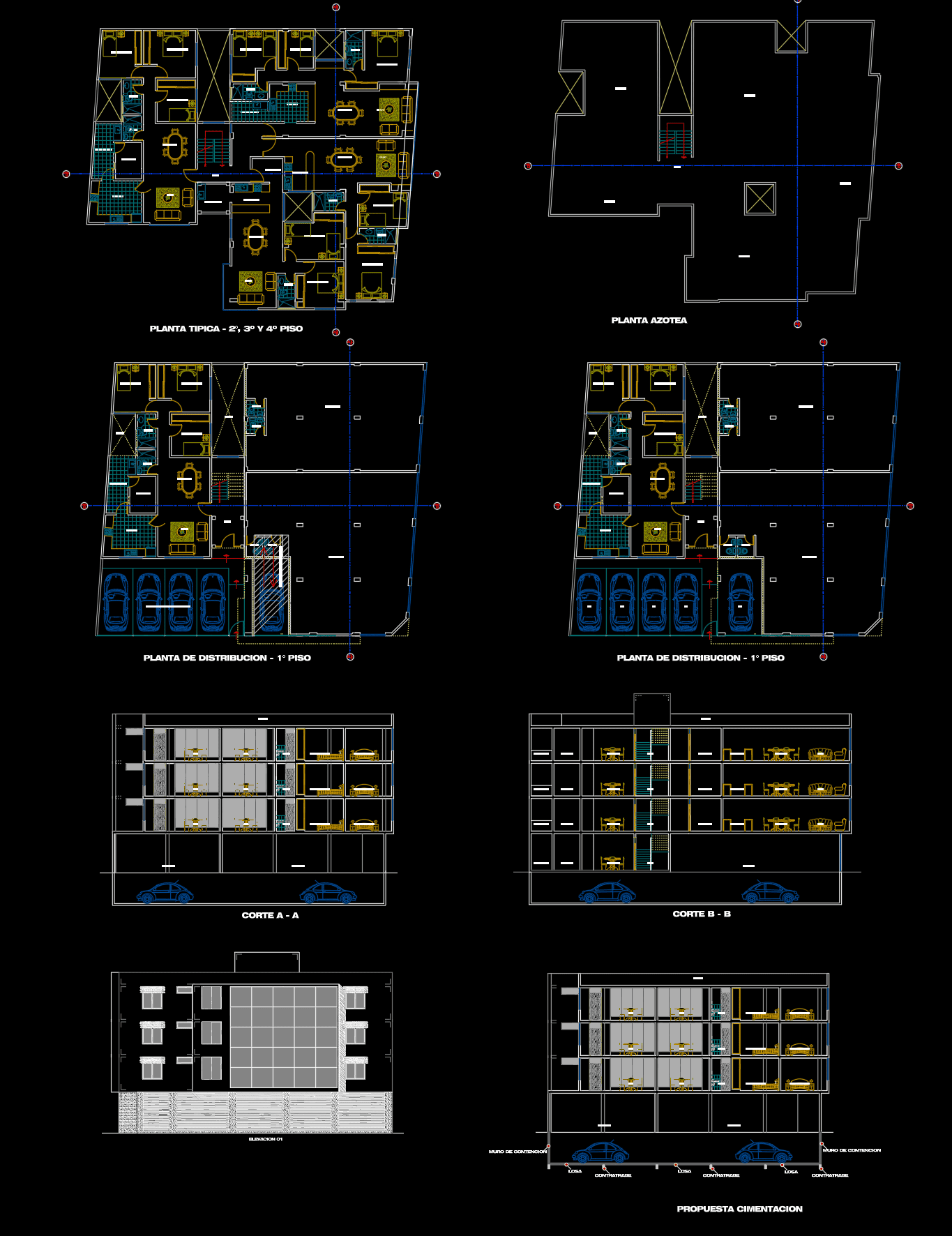 Proyecto de Departamentos: Plantas, Cortes y Fachadas