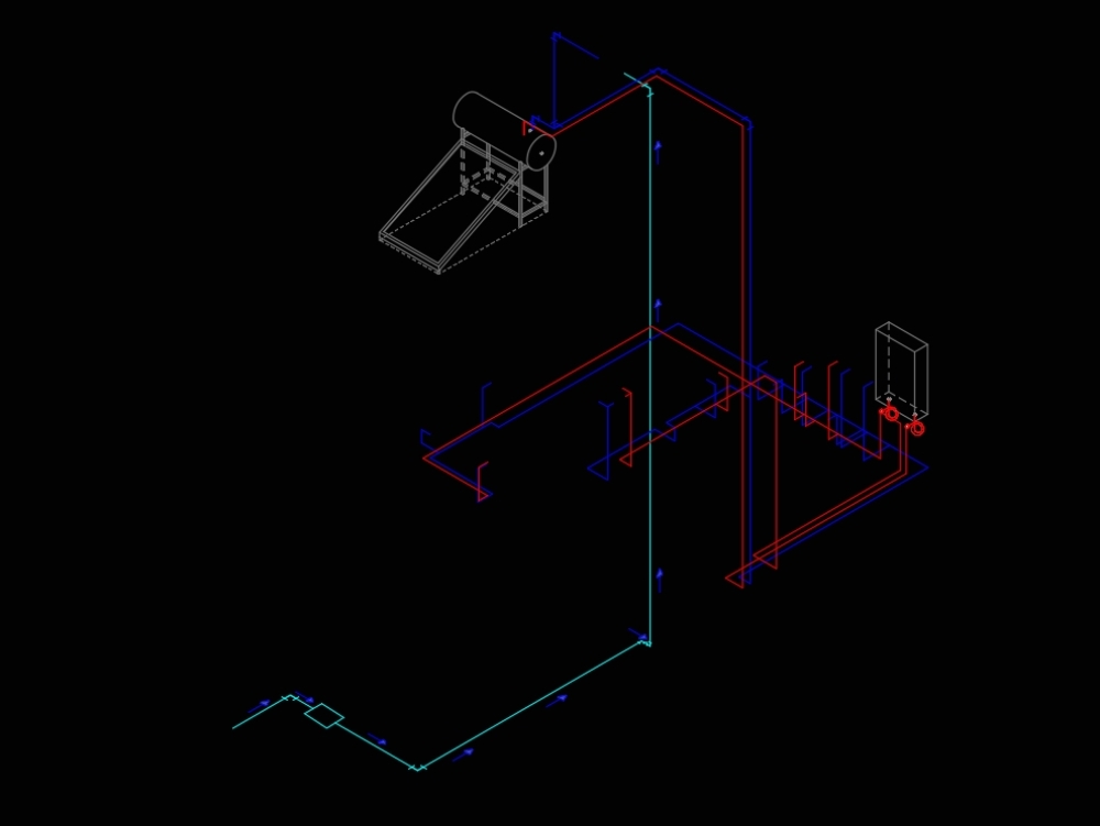 Isometric plan of installation of a short distance of water pipes for a bathroom