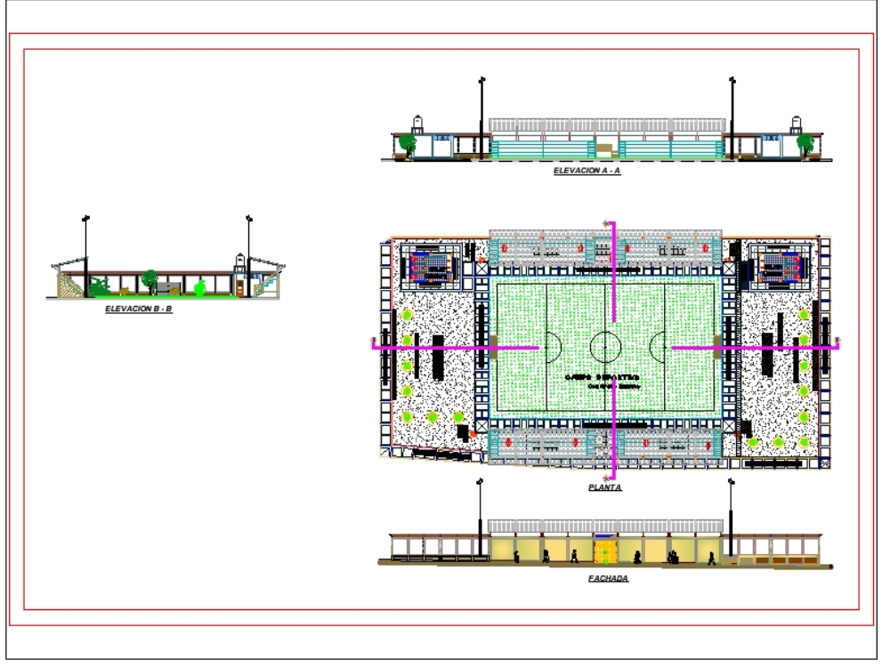 Sports platform with synthetic grass - autocad