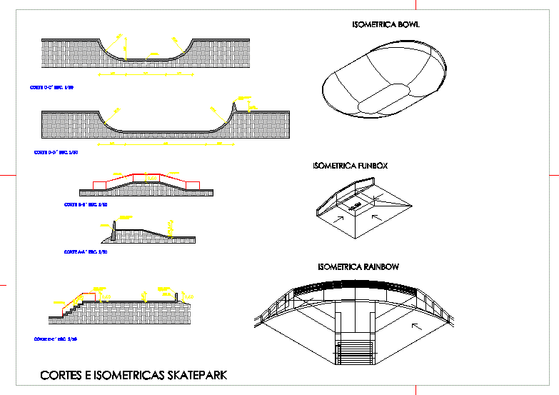 Éléments d'un skatepark ; coupes et isométriques.