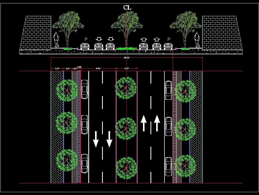 Seções de ruas e planos de cortes de ruas autocad