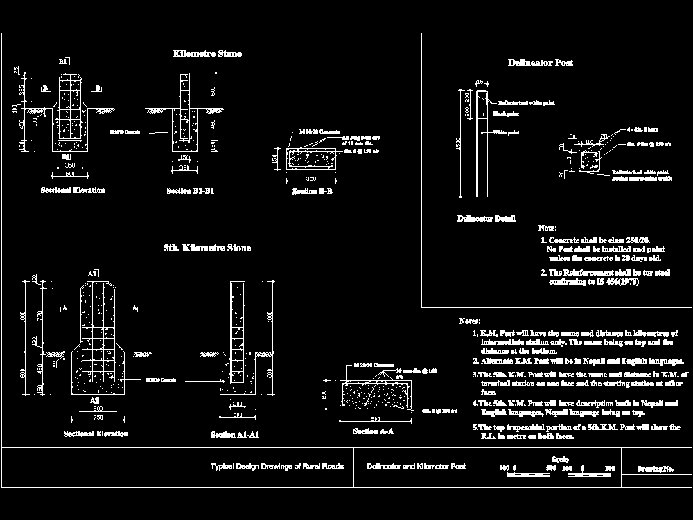 Delineator and kilometer post detail sectional view