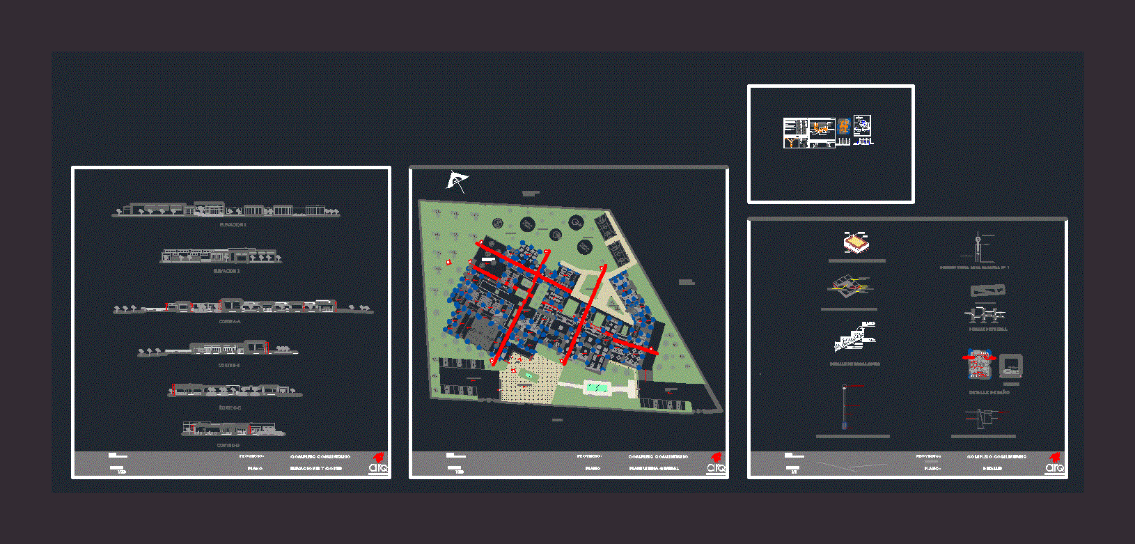 Centro comunal: Planta y cortes en Ica