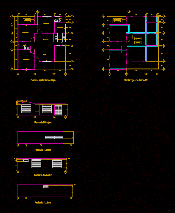 Casa 1 piso planta arquitectonica fachadas y cimentacion