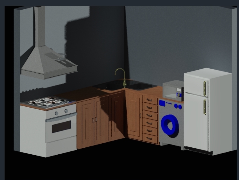 Kitchen in 3d equipped with large oak brand 2.6mx2.6m.