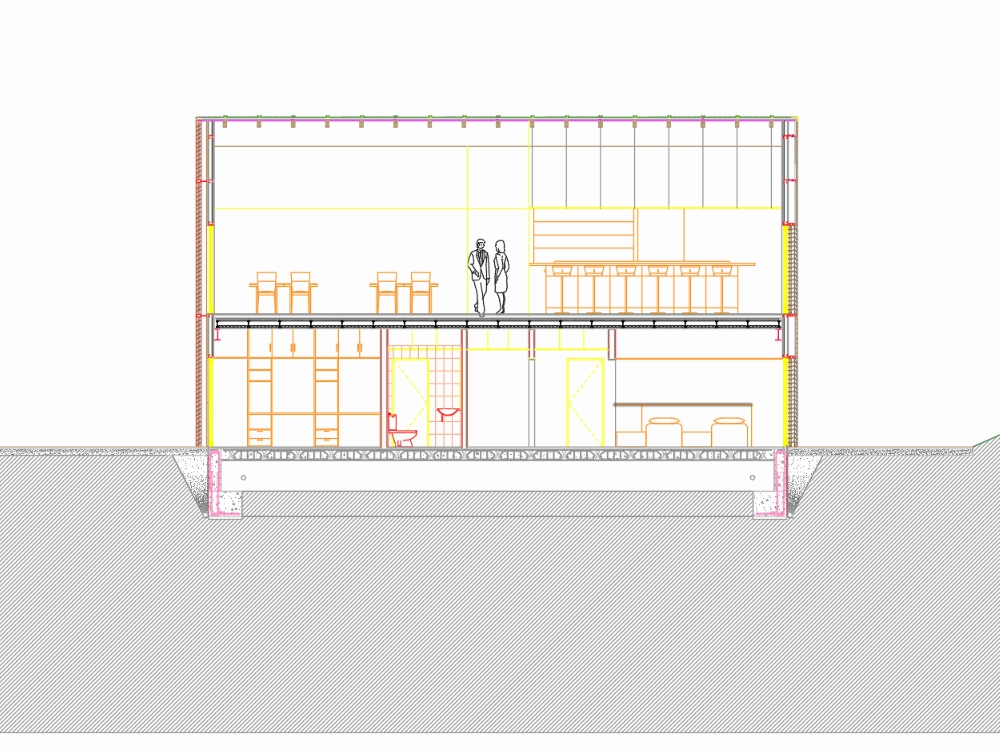 Corte de residencia - cubierta estructura metalica y de madera - cerramiento fachada panel sandwich y forjado tipo placner de vigueta metalica