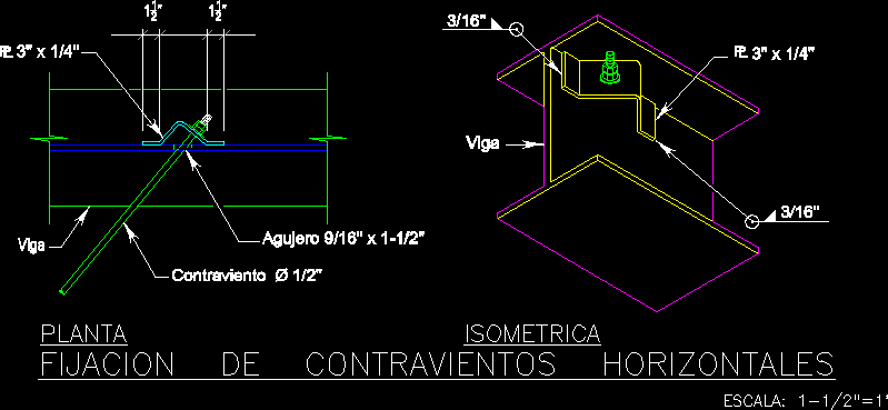 Detalle de fijacion de contraviento horizontal en viga metalica