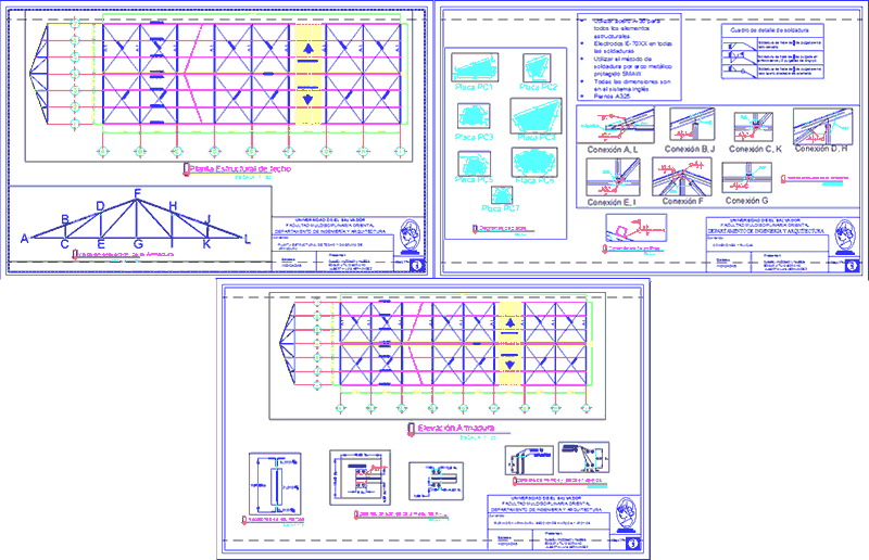 Estructura techo metalico - diagrama de armaduras y conexiones