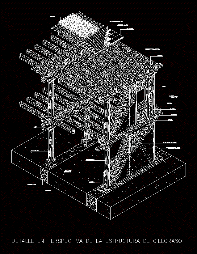 Detalle estructura en madera - isometrico