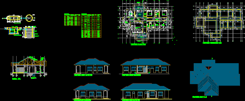 Residential house, elevations, sectional section and roof plan and roof plan, residential house