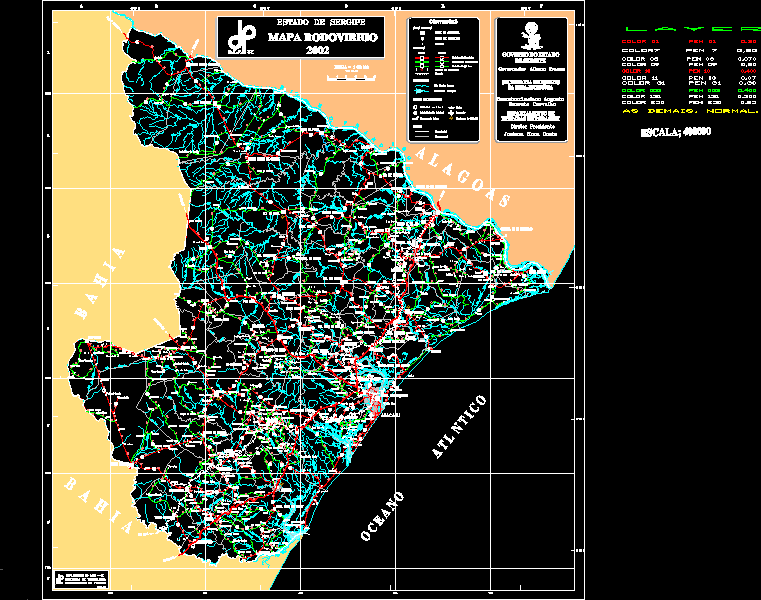 Mapa rodoviorio do estado de sergipe; brasil - 2002