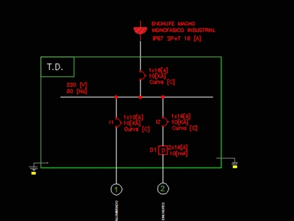 Plano unilineal de un tablero electrico monofasico de 16[a]