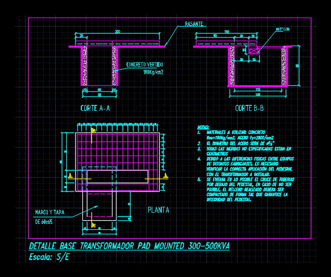 Detalle base de transformador tipo pedestal pad mounted