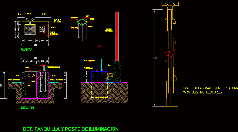 Detalles de tanquilla y poste de iluminacion - vista y seccion