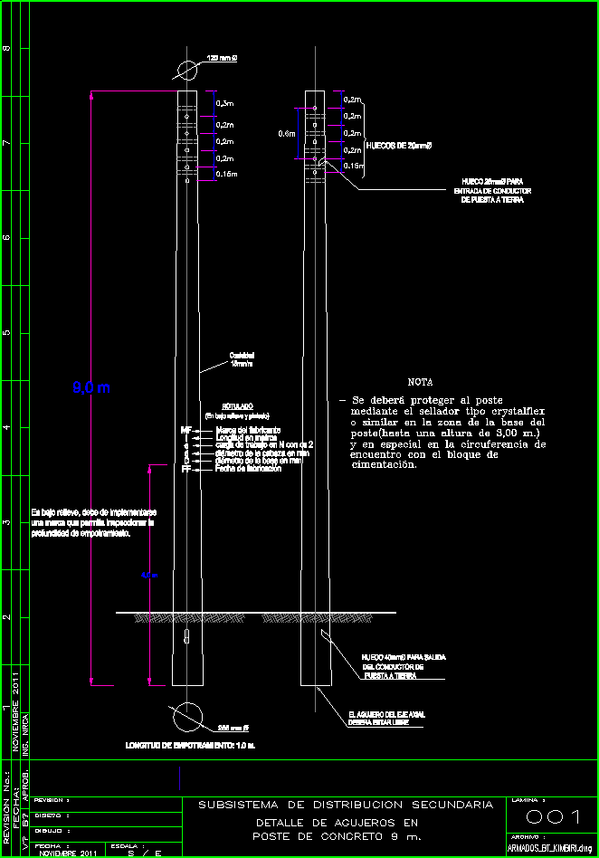 Poste de concreto 9 m.