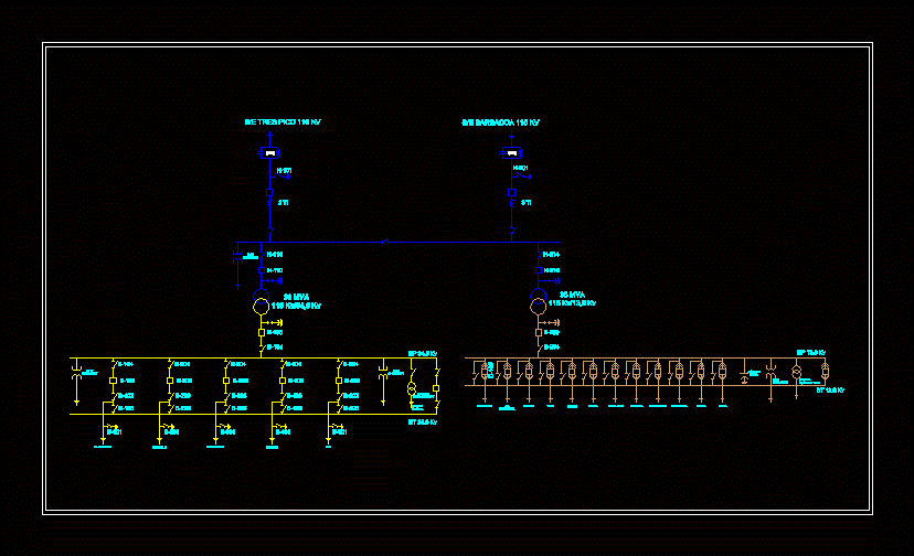 Diagrama Unifilar de Subestación 115 kV con Dos Salidas a 34.5 kV y 13.8 kV