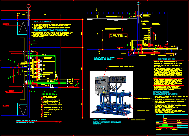 Detalhe do sistema de bombeamento e sala de bombas