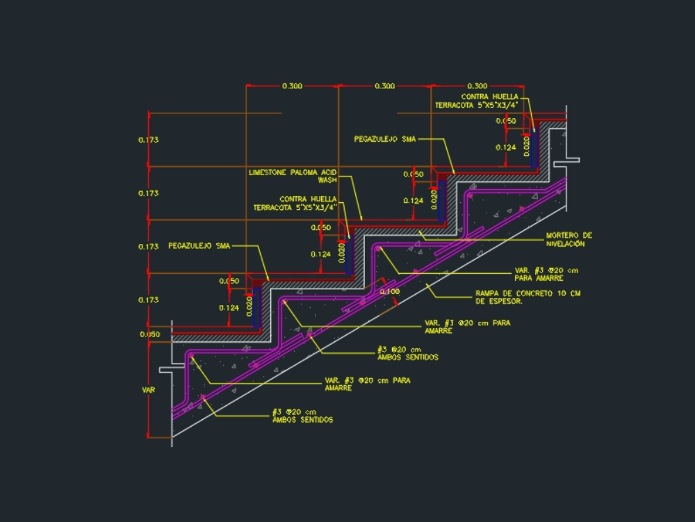 Seccion estructural de escalera con acabados.