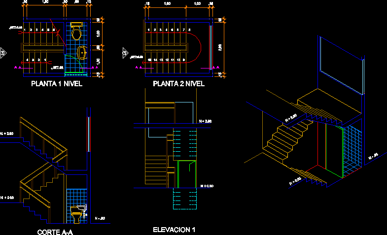 Escalera en u con medio bano.