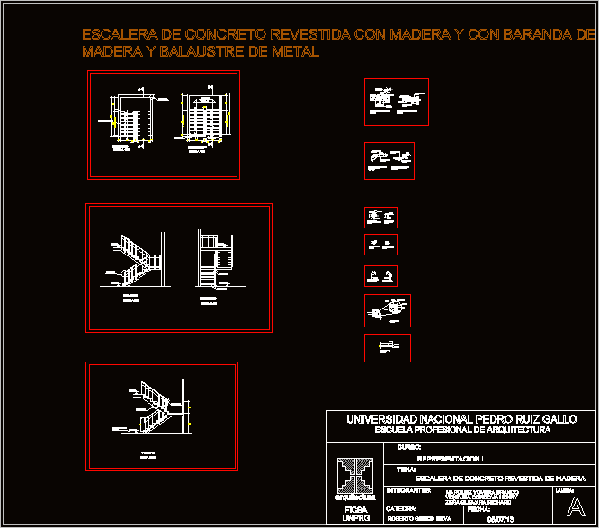 Detalles de escalera de concreto revestida con madera