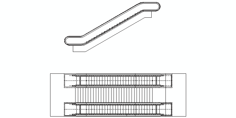 Escada rolante dupla, vista de planta e elevação lateral