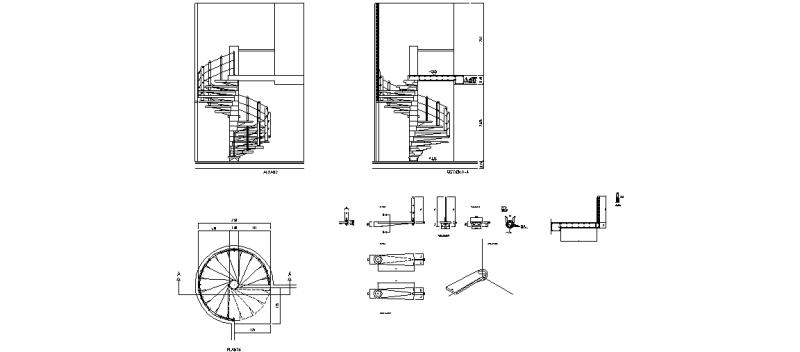 Elevação, seção, planta e detalhes da escada em espiral