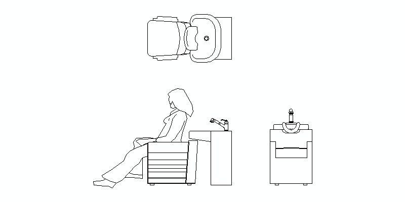 Cadeiras e poltronas para cortes de cabelos e lavatórios para salão de  beleza., - Detalhes do Bloco DWG