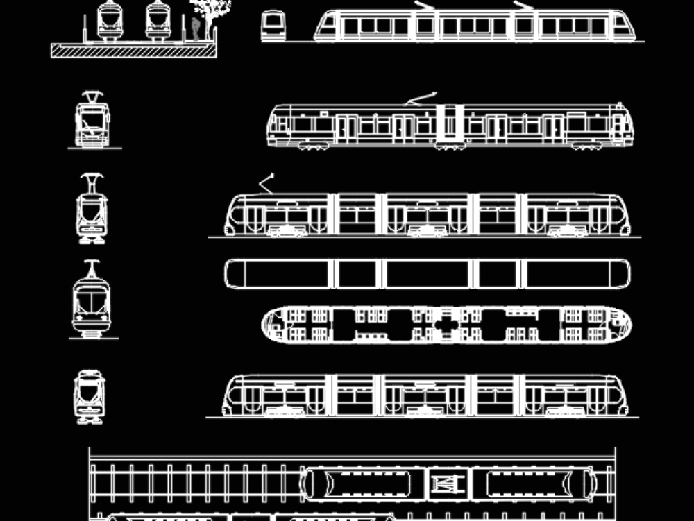Diferentes trens em elevação e vista superior