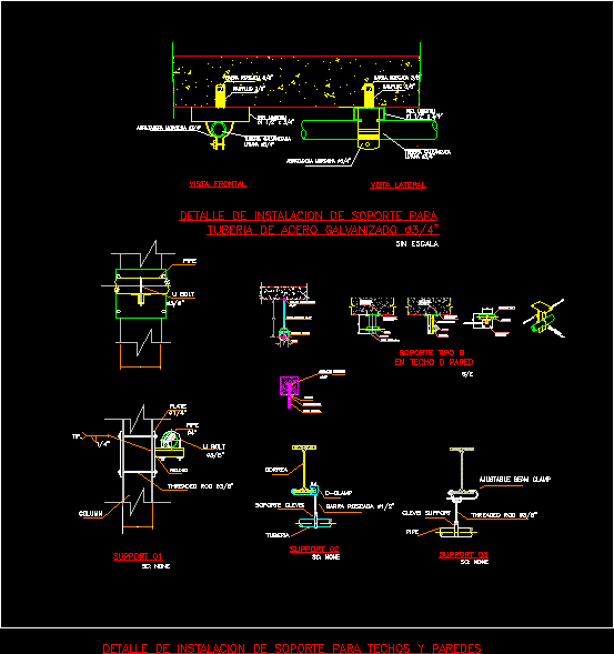 Detalles varios de instalaciones de soportes para techos y paredes