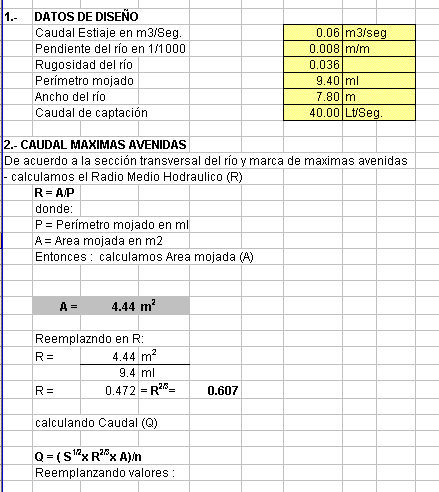 Calculo de bocatomas en exel