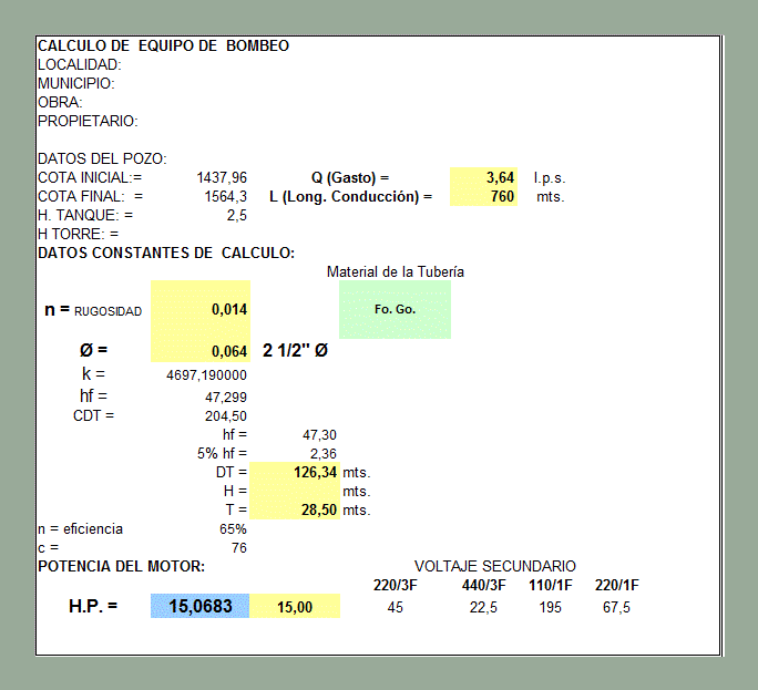 Diseno y calculo de equipo de bombeo de agua potable