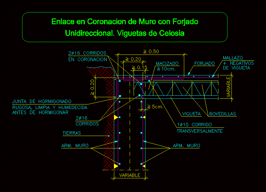 Enlace en coronacion de muro con forjado unidireccional. viguetas de celos?a