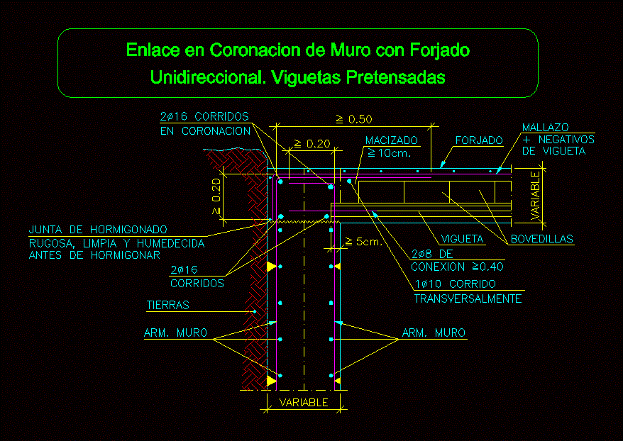 Enlace en coronacion de muro con forjado unidireccional. viguetas pretensadas