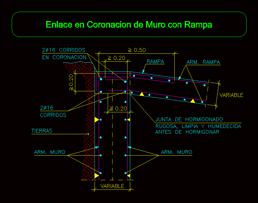 Enlace en coronacion de muro con rampa