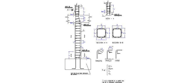 Gruppo di pilastri con sezioni longitudinali e trasversali