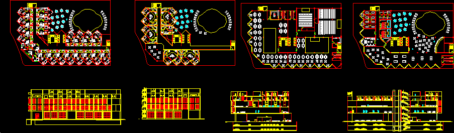 Planos de Hotel con Vistas Superiores, Cortes y Fachadas