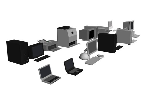 Mobili in computer desktop e laptop 3d.