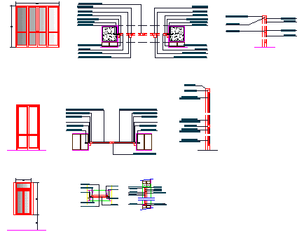 Particolari di falegnameria per finestre; schermo e porta.