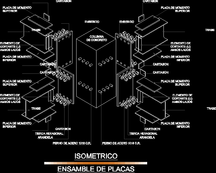 Isometrico ensamble entre las trabes de acero