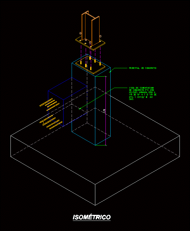 Detalle isometrico de anclaje de columna y cimentacion