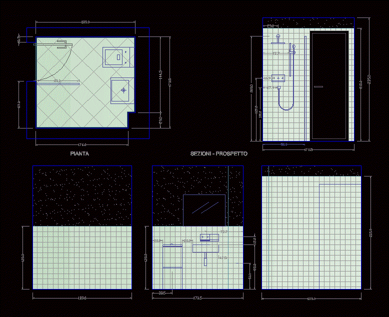 Bathroom details; floors; elevations; sections
