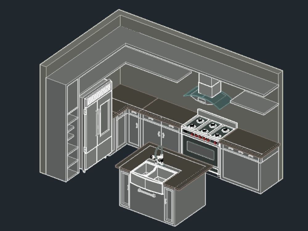 Cocina modelada en 3d en autocad